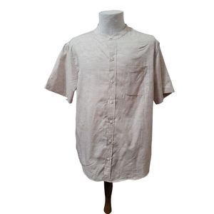 Caribbean Men's Size L Cotton Blend Short Sleeve Button Down Beige Collarless